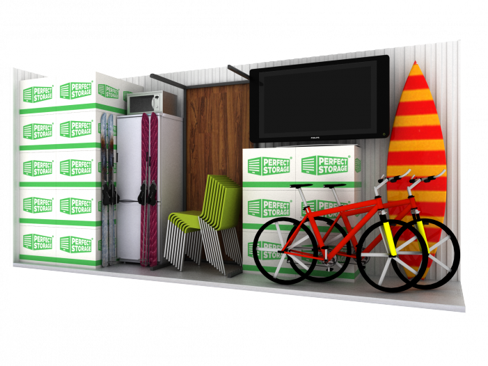 Storage unit - boxes, table, bicycle, TV