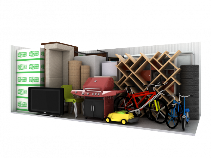 Storage unit - boxes, boookcase, chairs, sofa, lawn mower